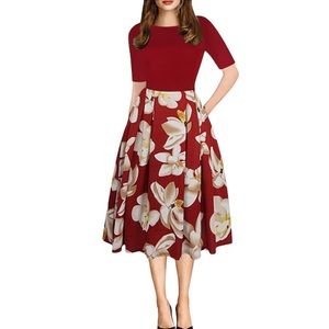 Oxiuly Women's Patchwork Pockets Puffy Swing Dress 3XL